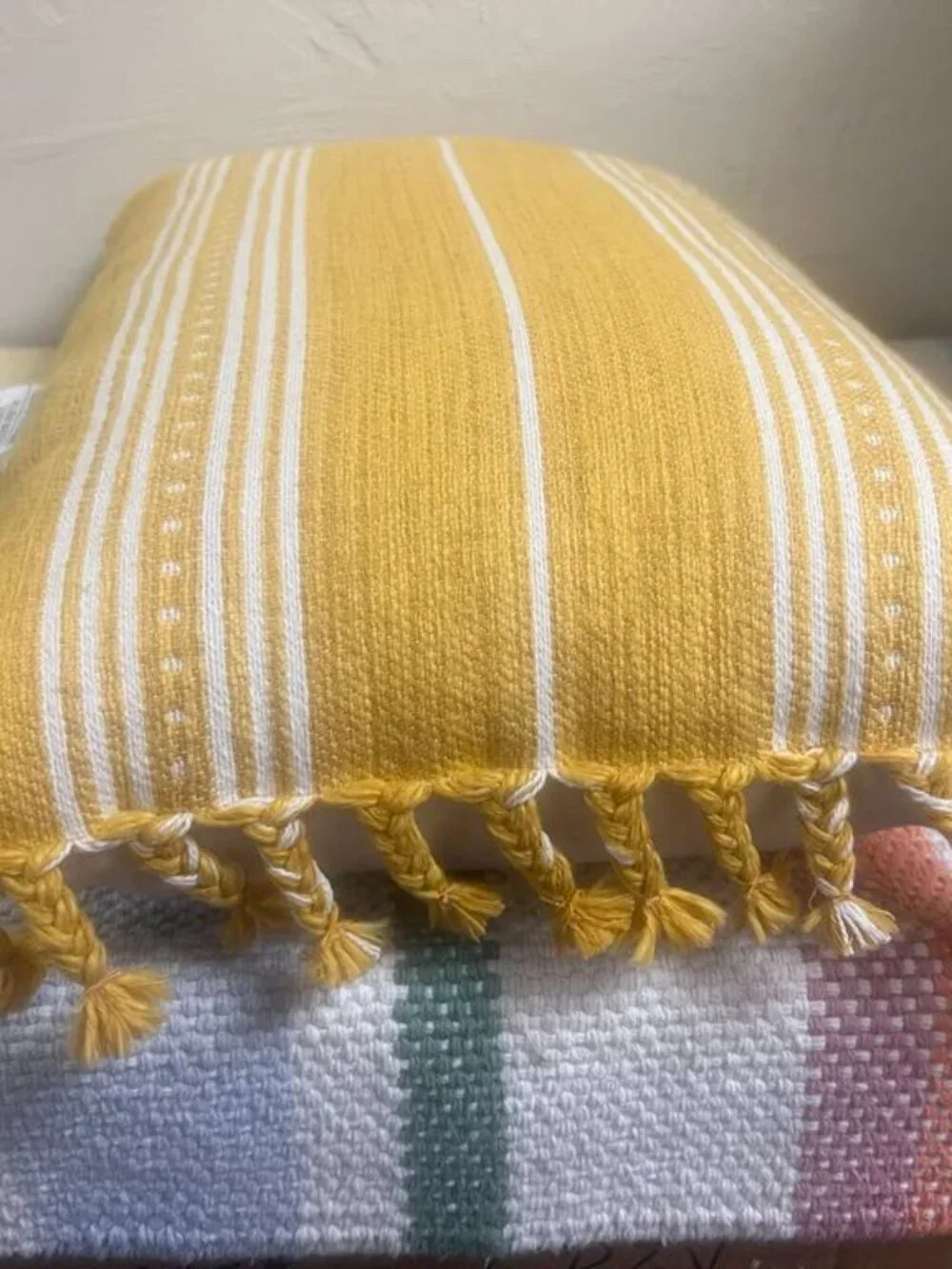 NEW Woven Stripe Braided Fringe Decorative Throw Pillow Dark Gold - Threshold.
